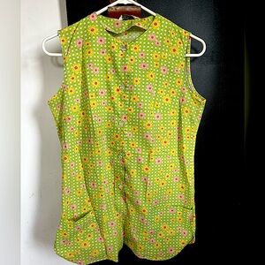 Vintage 60s/70s Boho Hippie Green Flower Smock Apron Top Size S